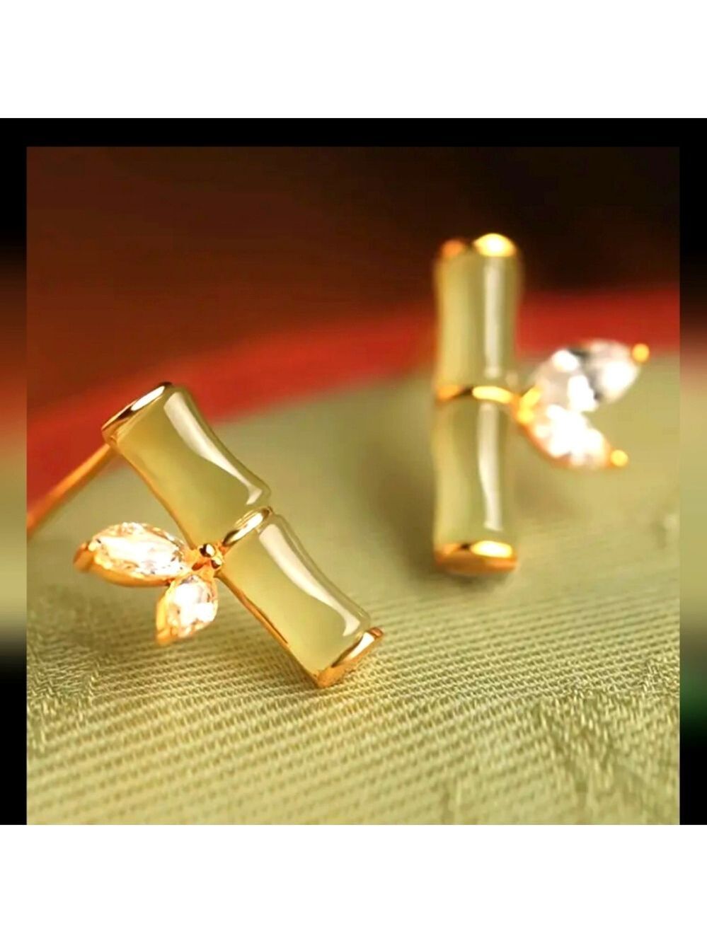 Bamboo Stud Earrings With Shiny Gem LEAVES And Jade Colors